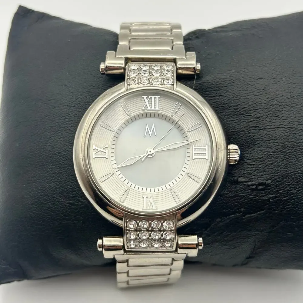 M MEI64 Silver Tone Crystals St. Steel Women’s Watch Working New Battery